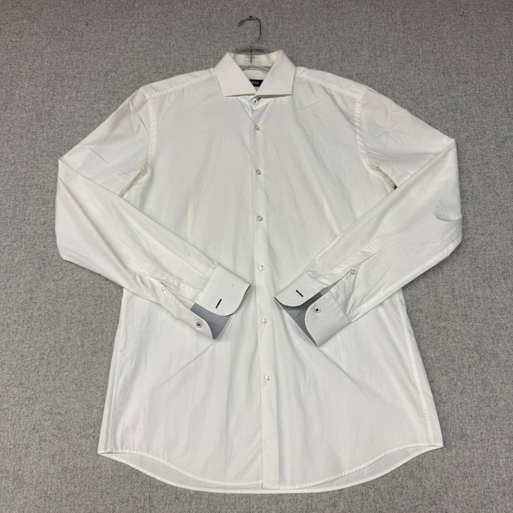Hugo Boss Dress Shirt 15.5 39 White Slim Fit Easy Iron Long Sleeve Button Down